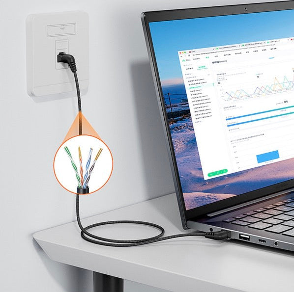 Detailed view of the rotating RJ45 swivel boot and slim cable construction