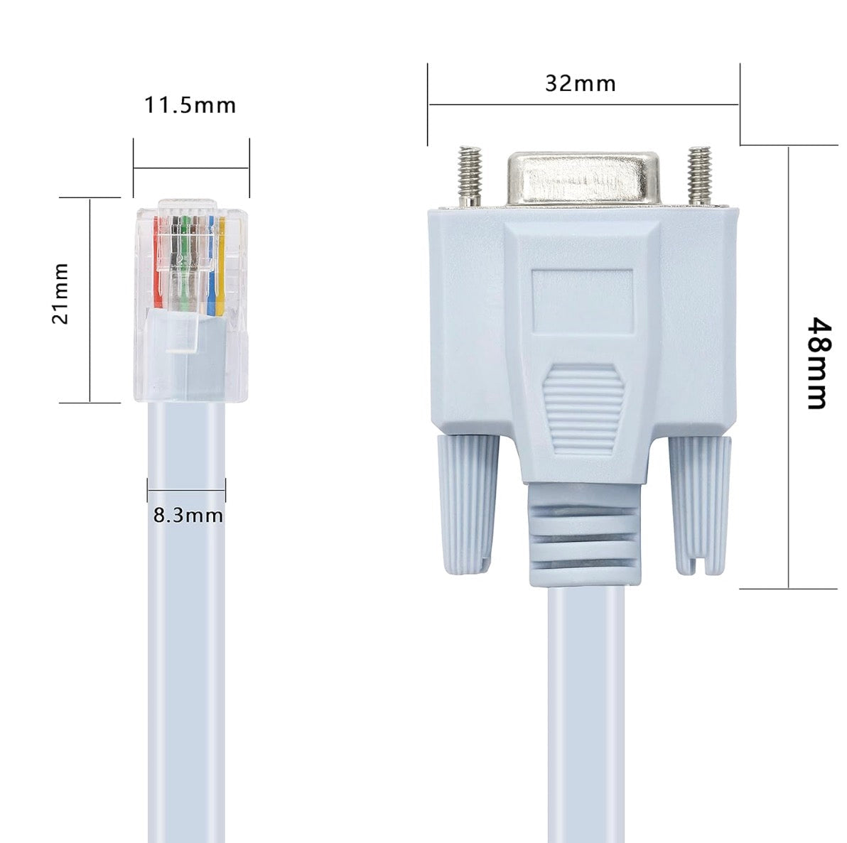 RJ45 to RS232 DB9 female serial console cable showing connector and cable dimensions