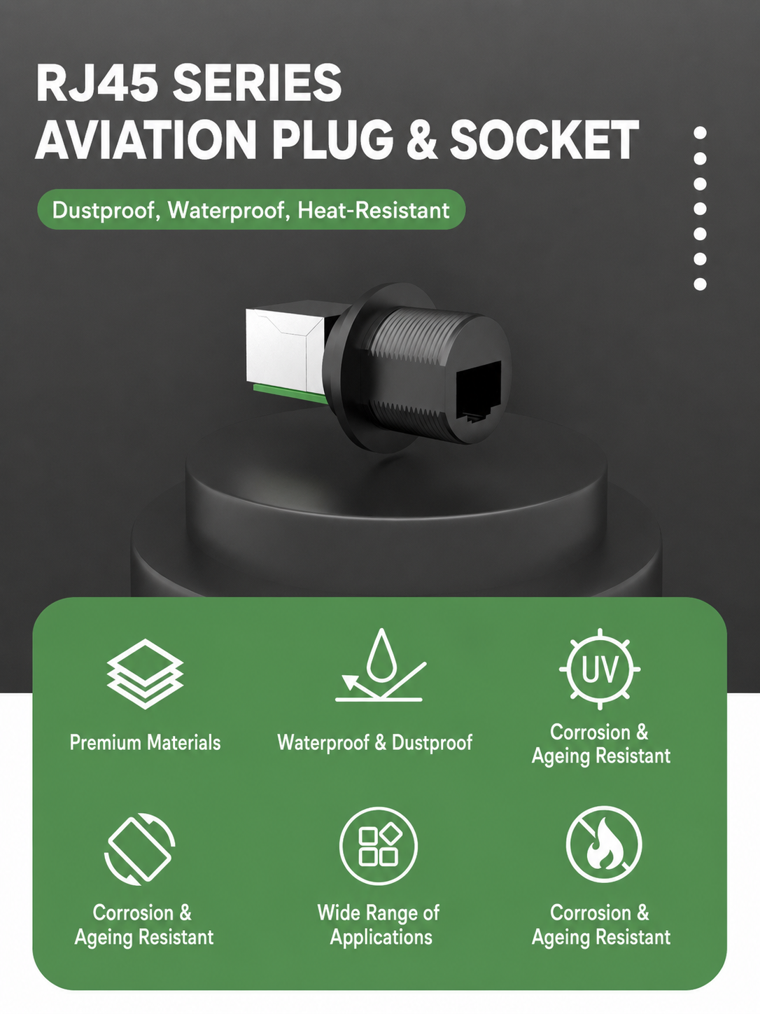 RJ45 series aviation plug and socket with features listed on a dark background