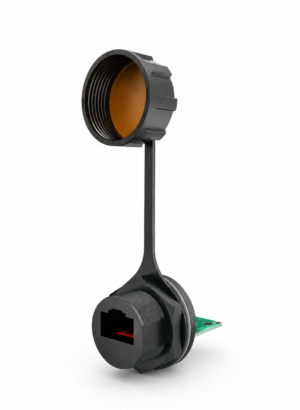 Black sensor or device with a brown circular component on a white background