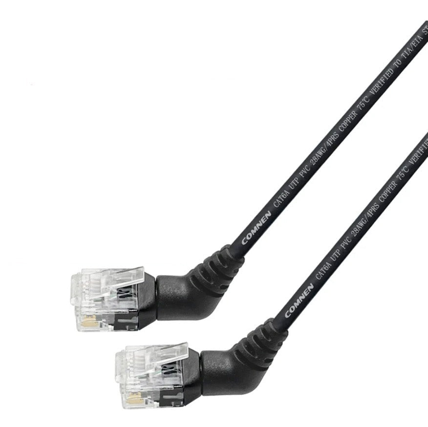 360 degree rotatable Cat6 Ethernet cable installed behind networking equipment