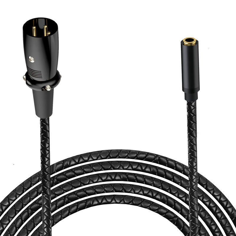 Black audio cable with XLR and 3.5mm connectors on a white background