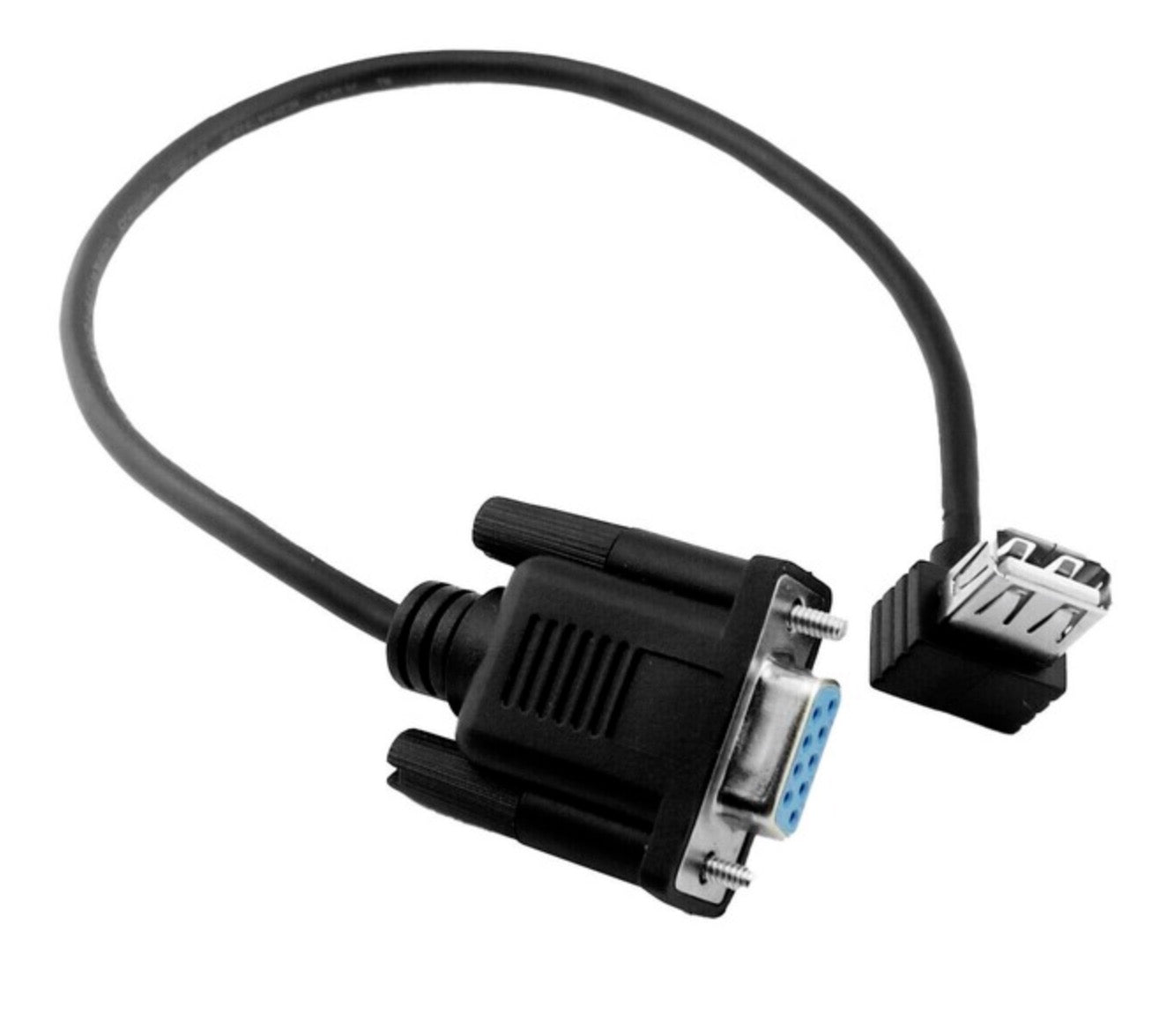 Close-up view of RS232 DB9 female serial connector and USB female adapter connection