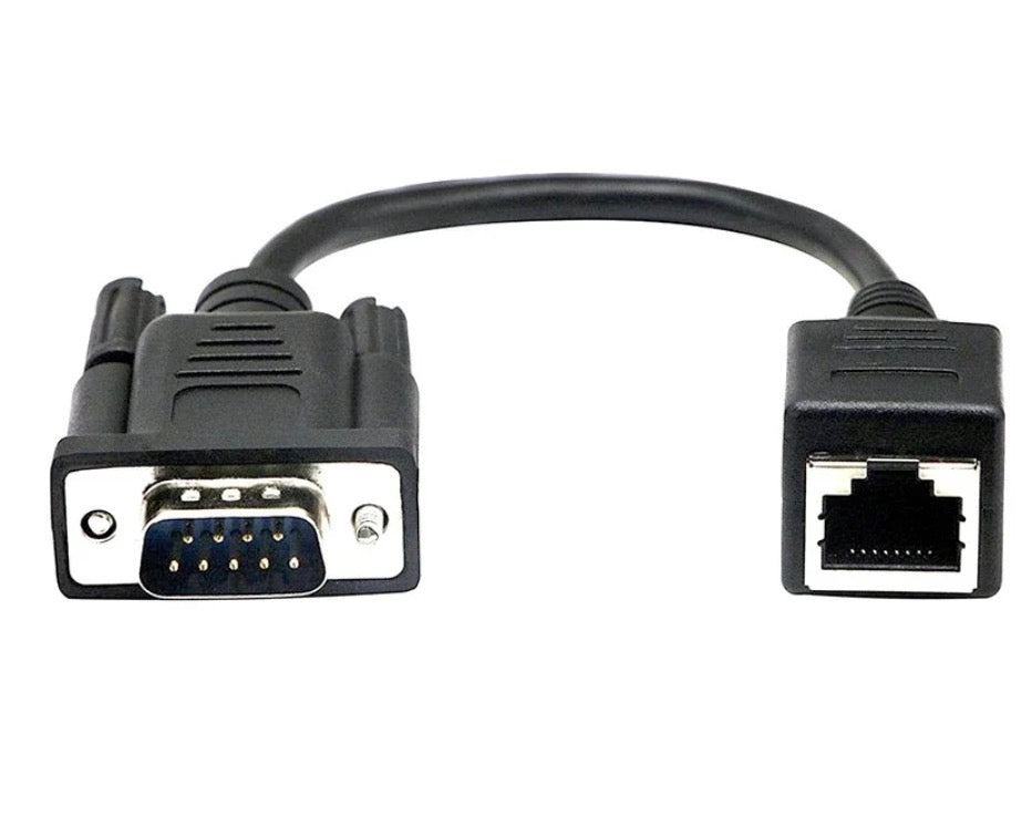 DB9 serial male to RJ45 female adapter cable showing complete converter assembly