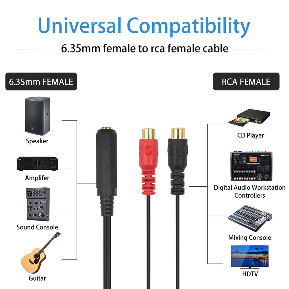 20cm 6.35mm (1/4”) Stereo Female Jack to Dual RCA Female Y Splitter Audio Cable