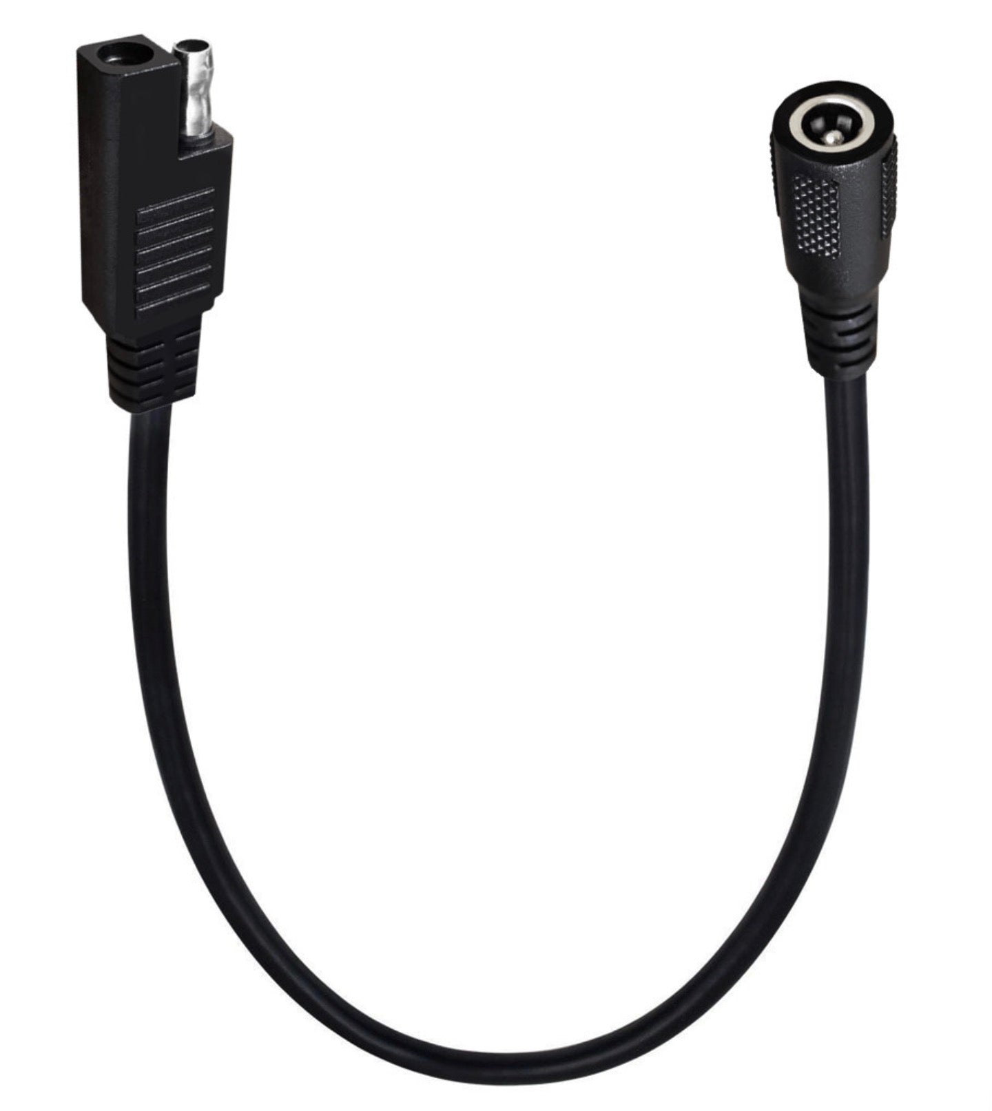 SAE to 5.5mm x 2.1mm DC female adapter cable shown full length