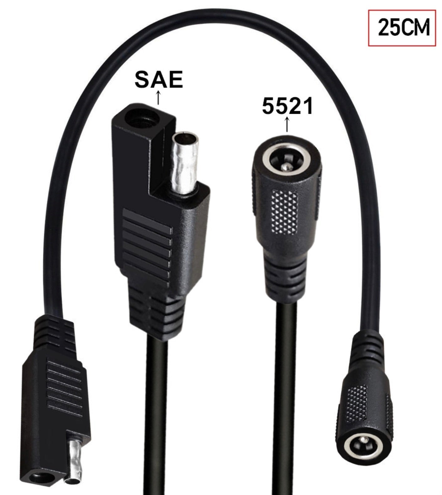 SAE connector and 5.5mm x 2.1mm DC female socket shown side by side