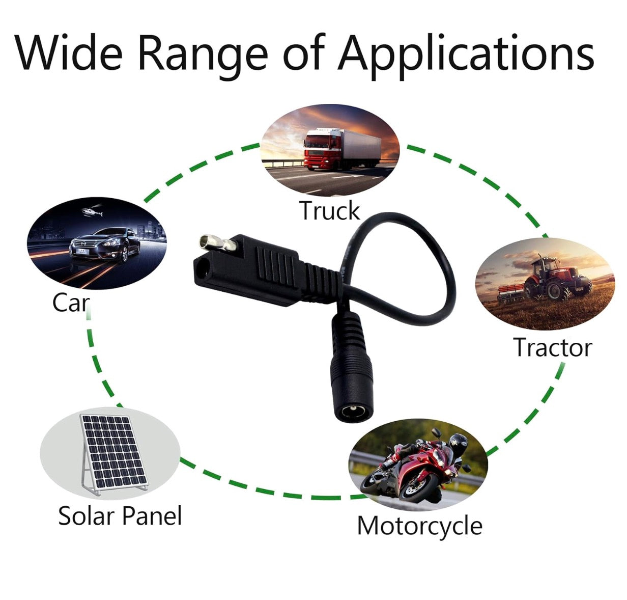 SAE to 5.5mm x 2.1mm DC female power adapter cable for solar automotive and motorcycle applications