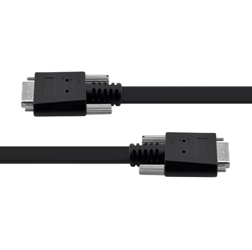 Close-up of SDR 26-pin male connector with captive thumbscrews on Camera Link cable