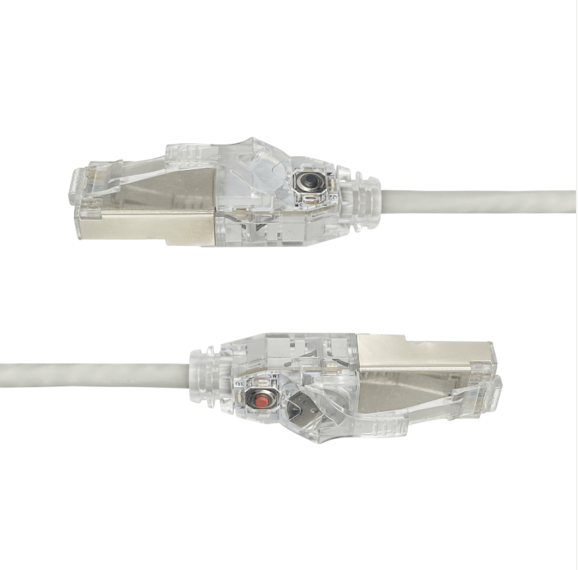 Two clear Ethernet cables with connectors on a white background
