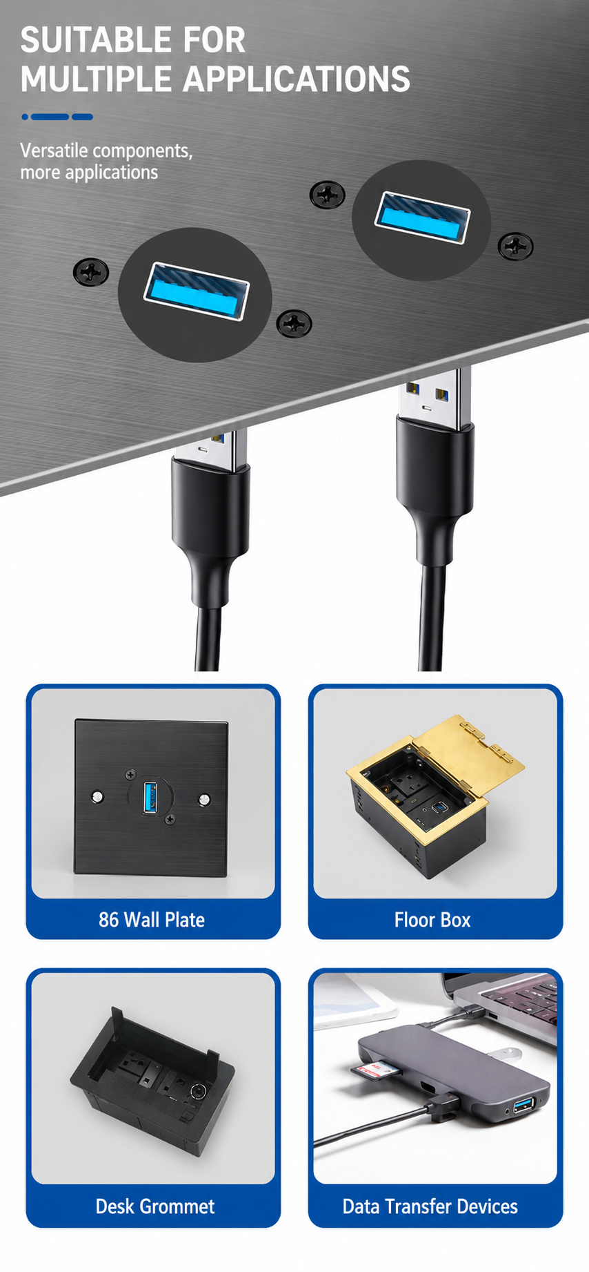 Silver USB extension module for wall plates and desks