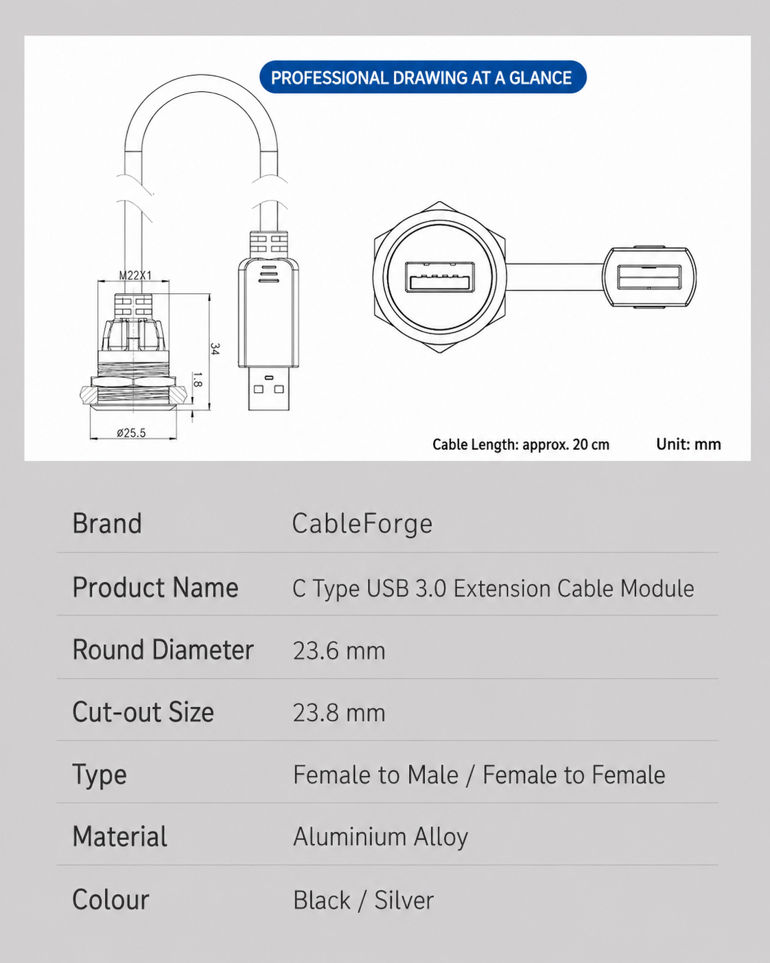 Silver USB 3.0 Type-A male to female panel mount extension 