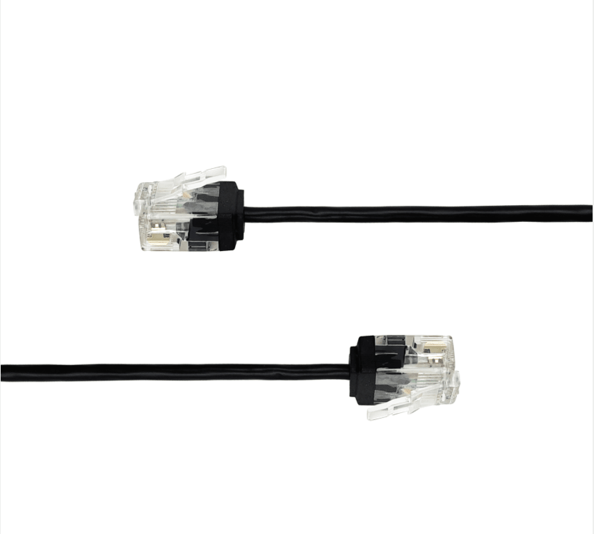 Two black phone cables with clear connectors on a white background