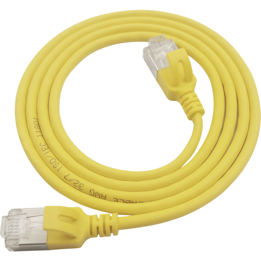 Yellow Ethernet cable with clear connectors on a white background