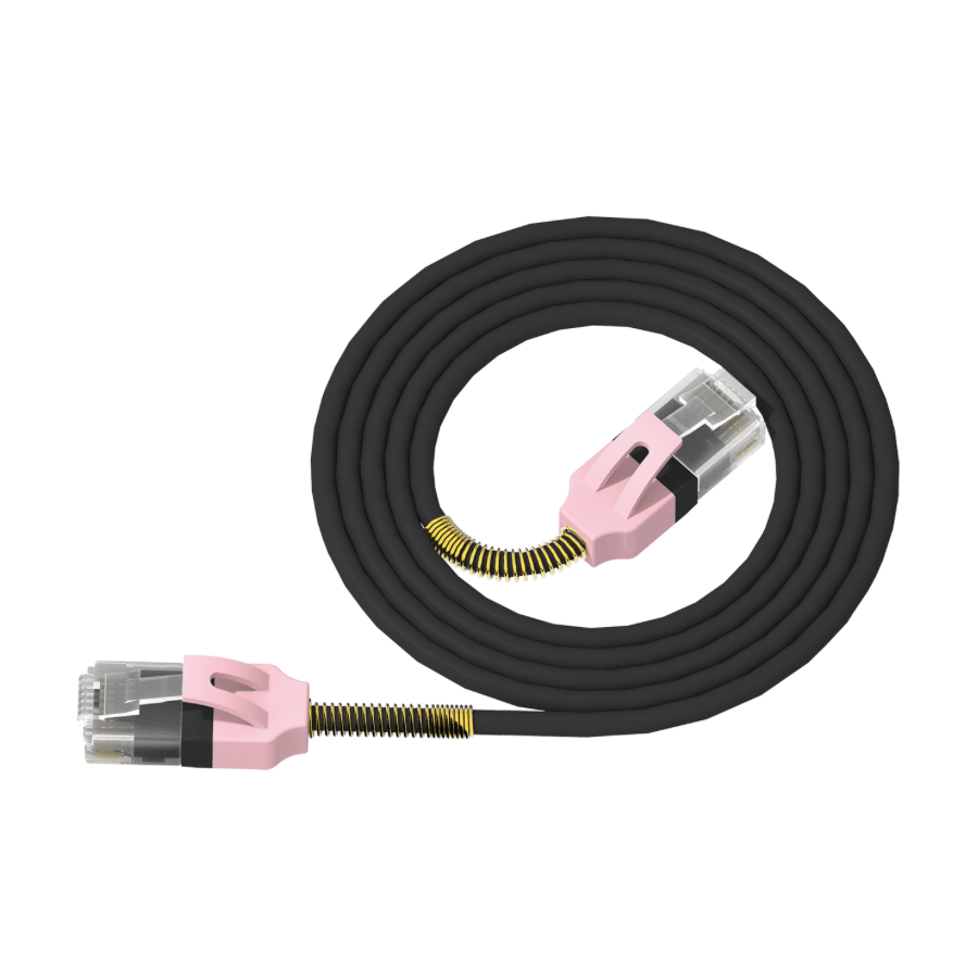 Coiled black cable with pink connectors on a white background