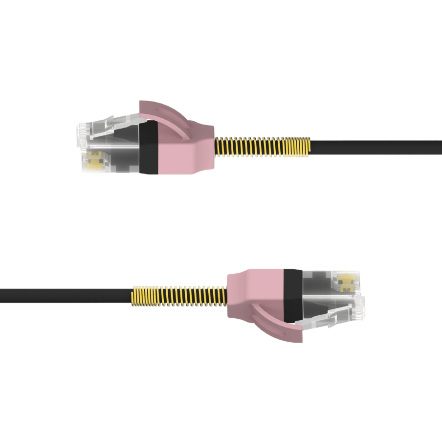 Network cable with pink connectors on a white background