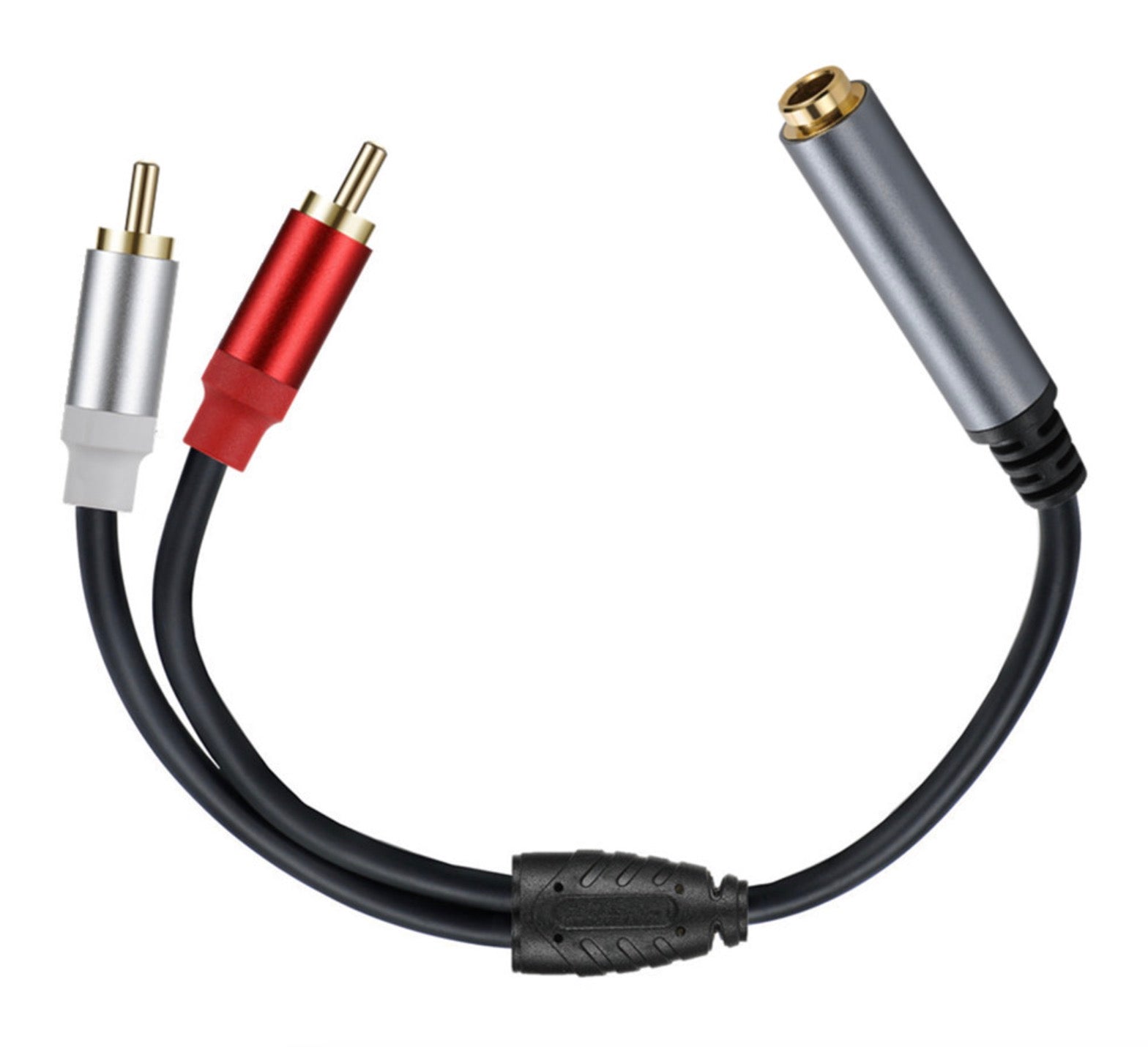 6.35mm female to dual RCA male stereo audio splitter cable showing complete connector layout