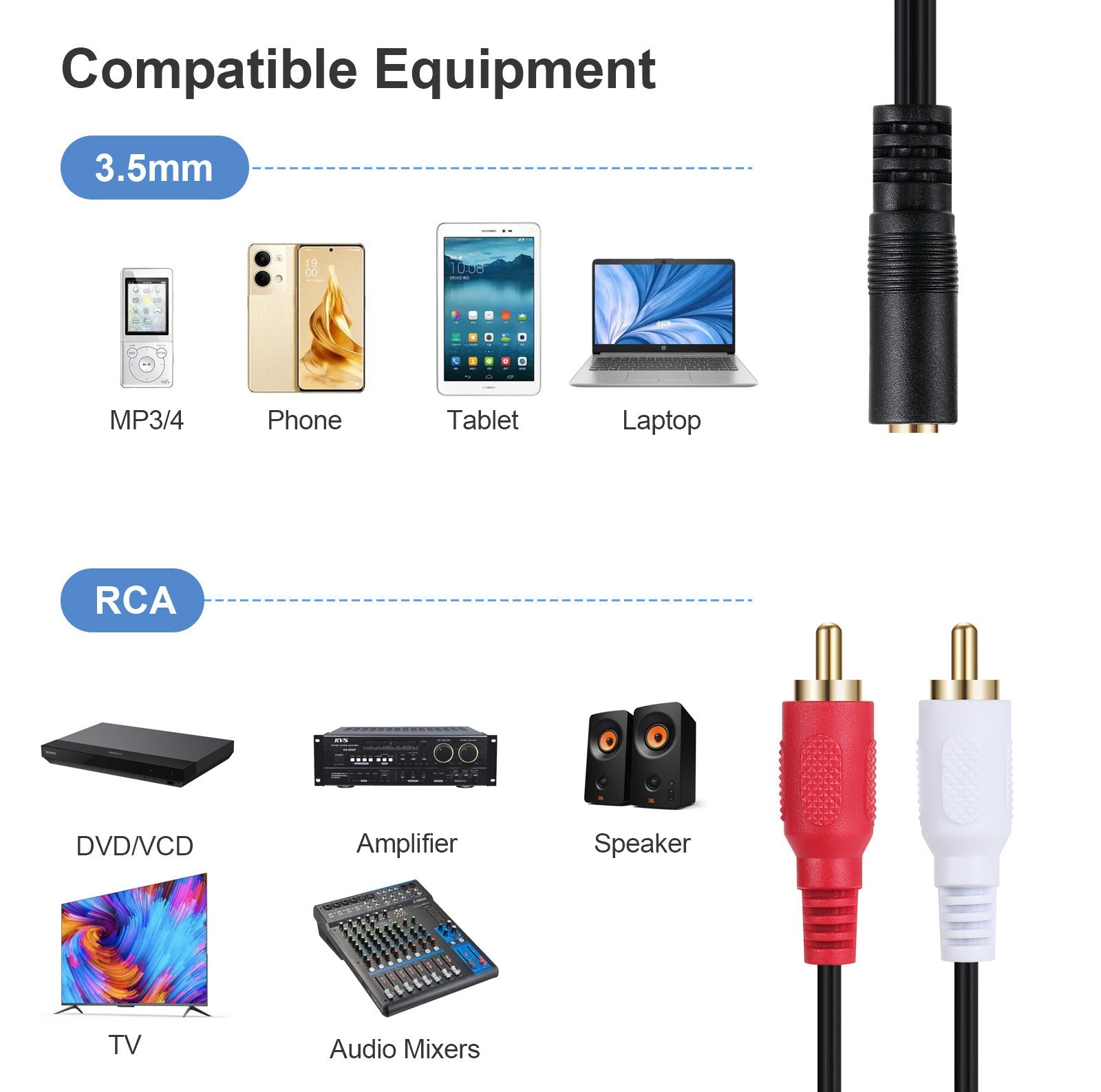 3.5mm AUX female to dual RCA male cable connected to stereo speakers
