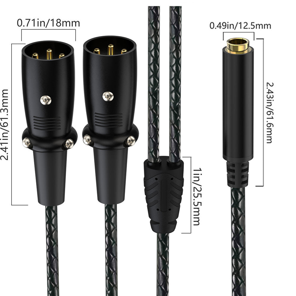 Black braided audio cable with dimension callouts showing connector sizes and cable length, on a white background.