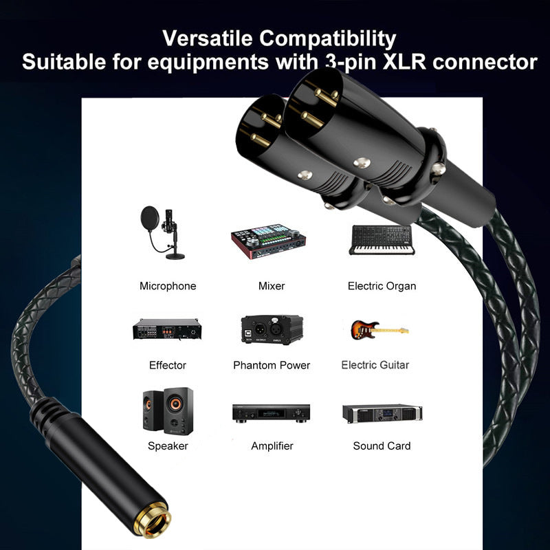 A 3-pin XLR adapter cable shown on a dark blue background with white text reading 'Versatile Compatibility Suitable for equipments with 3-pin XLR connector.' The main product is a black braided cable with a black plug and gold-toned connector tip, plus a large inset of a multi-pin plug.