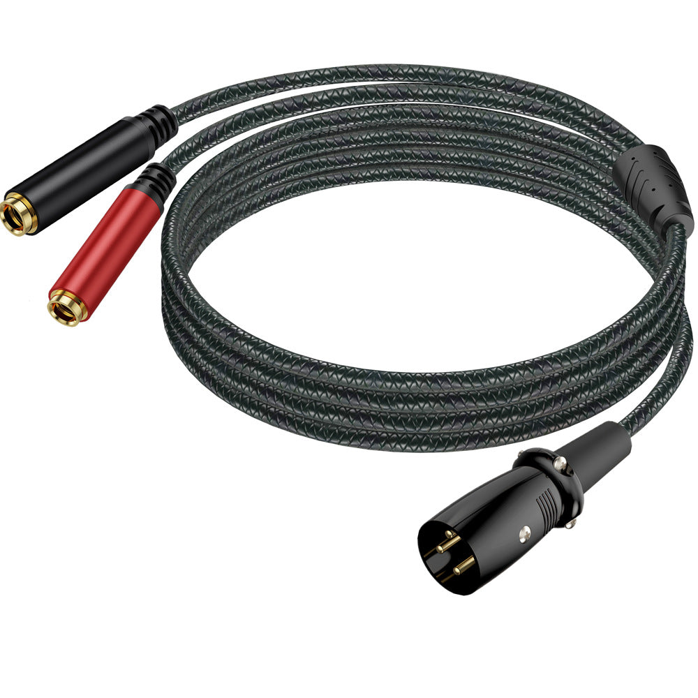 A coiled black braided audio cable with a black XLR connector on one end and two banana plug connectors on the other, one black with gold metal and one red with gold metal, shown on a white background.