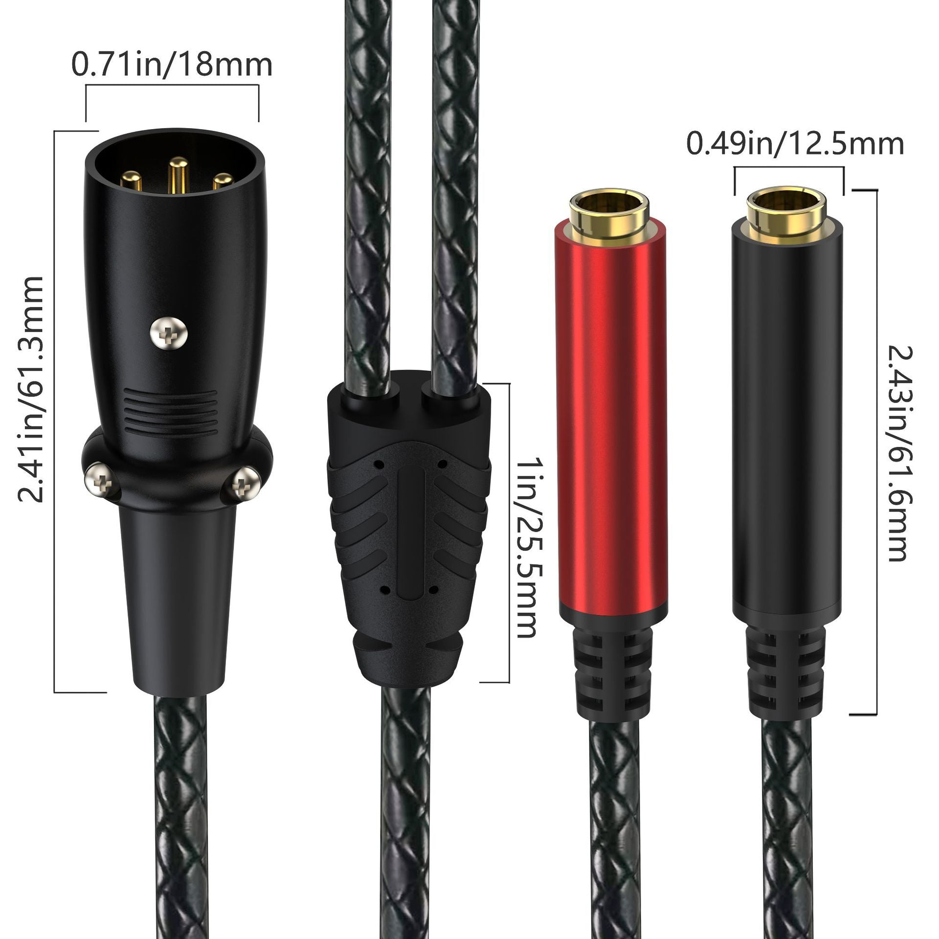 Black braided audio adapter cable with dimension labels showing a black XLR connector, a red and black 3.5mm jack, and a black jack, with measurements in millimeters and inches.