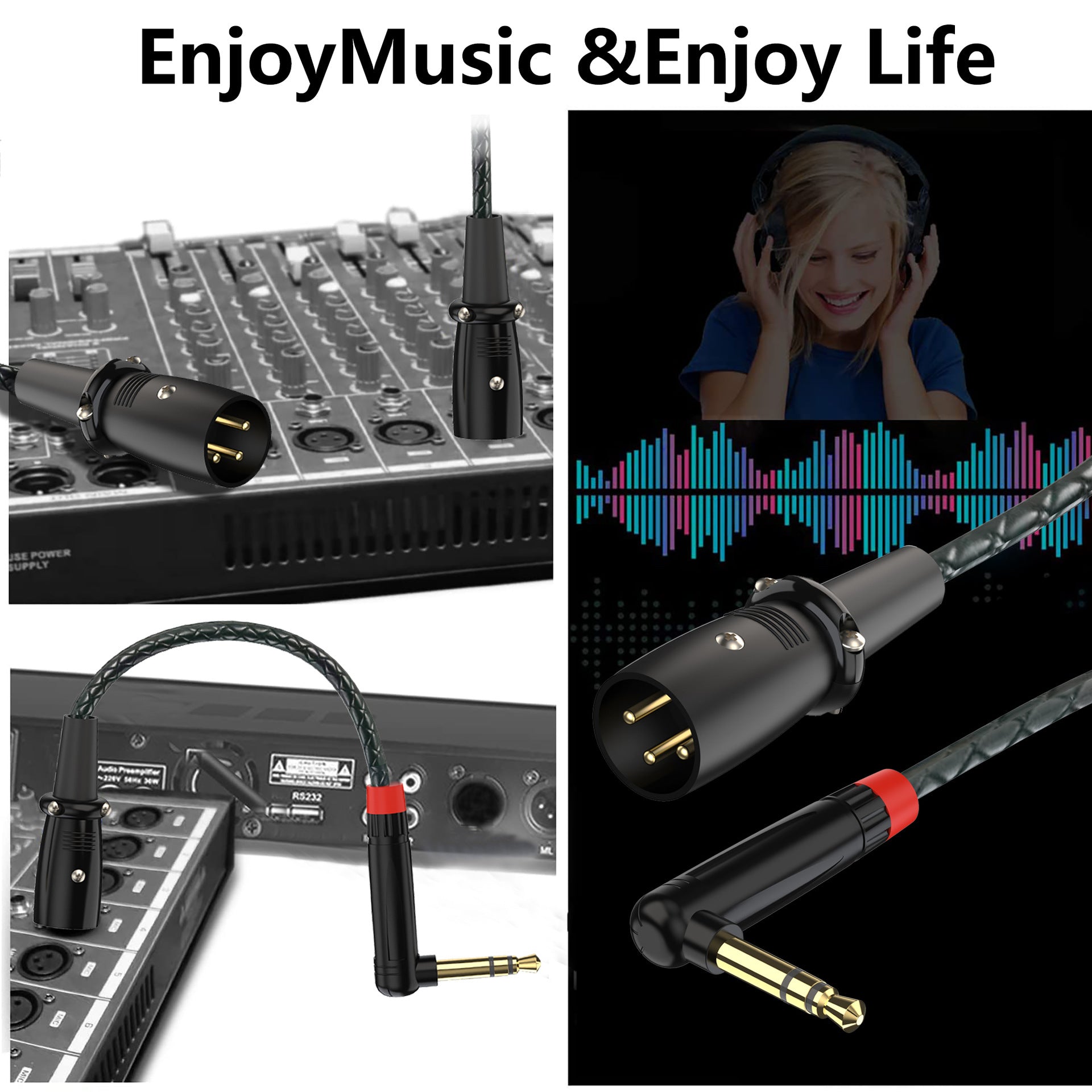 Audio adapter cable collage showing a black XLR-to-3.5mm jack cable connected to a mixing board and a computer audio interface, with a woman wearing headphones in a lifestyle inset and text reading 'EnjoyMusic &Enjoy Life'.