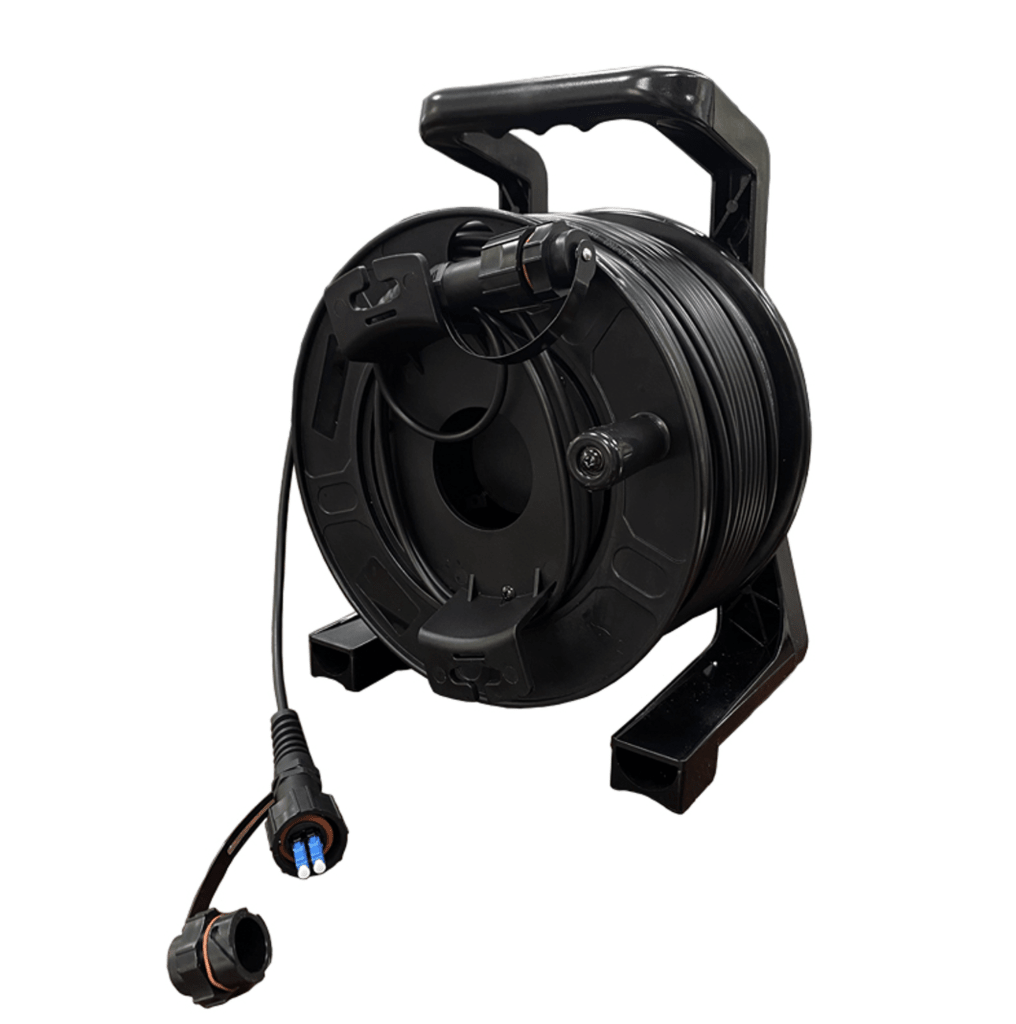 Tactical rugged deployable fiber optic cable reel with LC-LC duplex connectors 