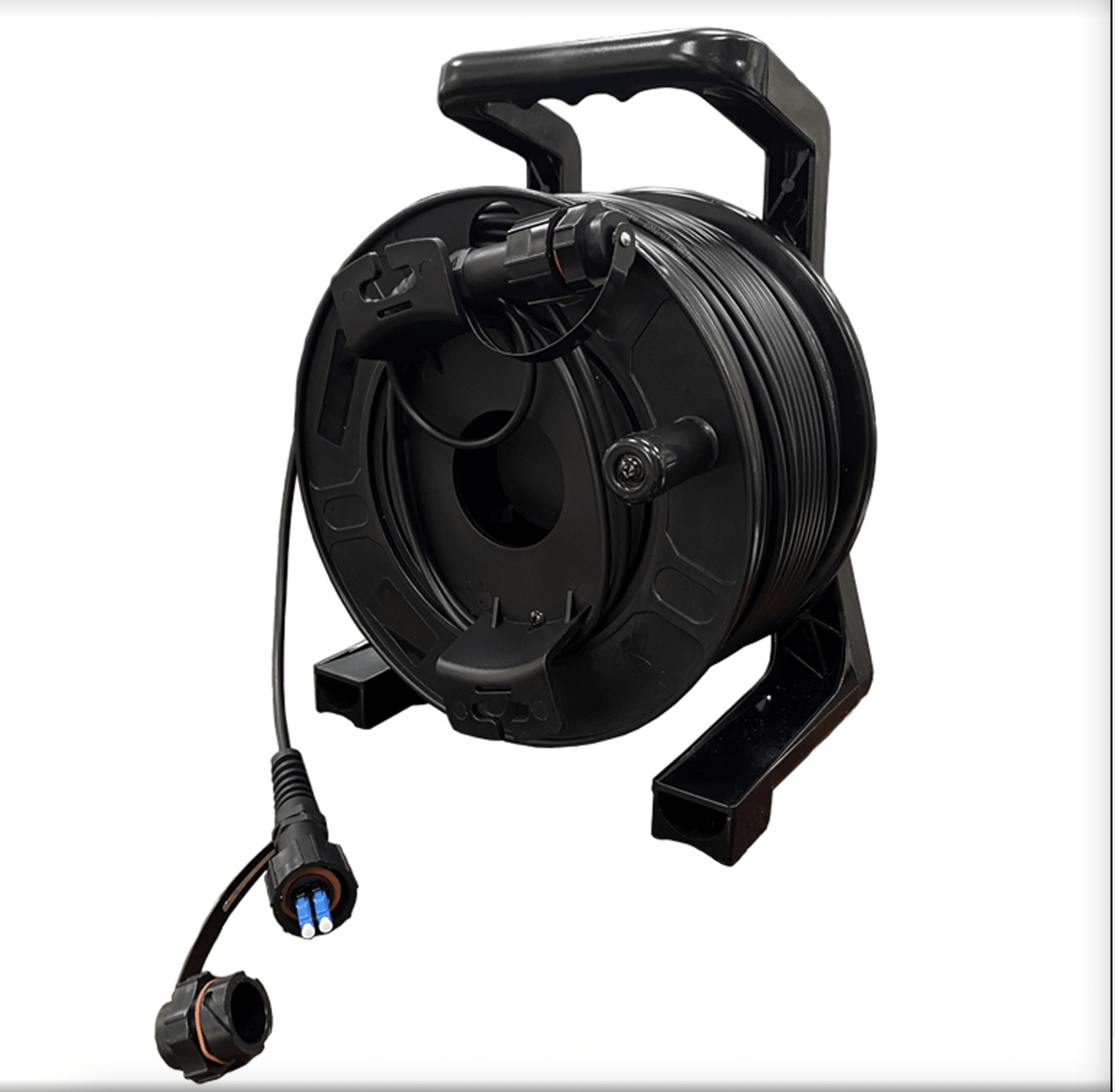 Black cable reel with power cord on a white background