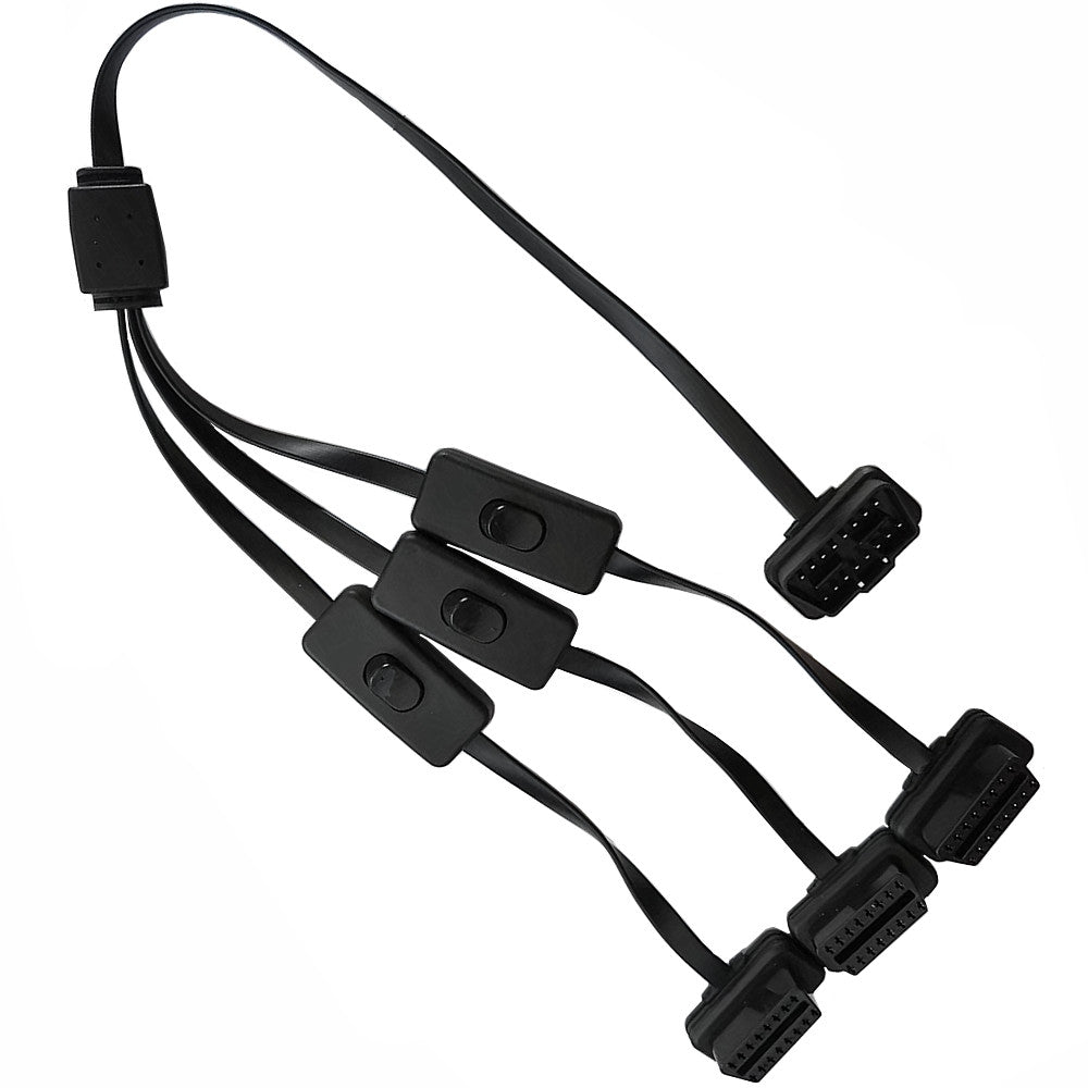 Three female OBD2 output connectors on the splitter cable