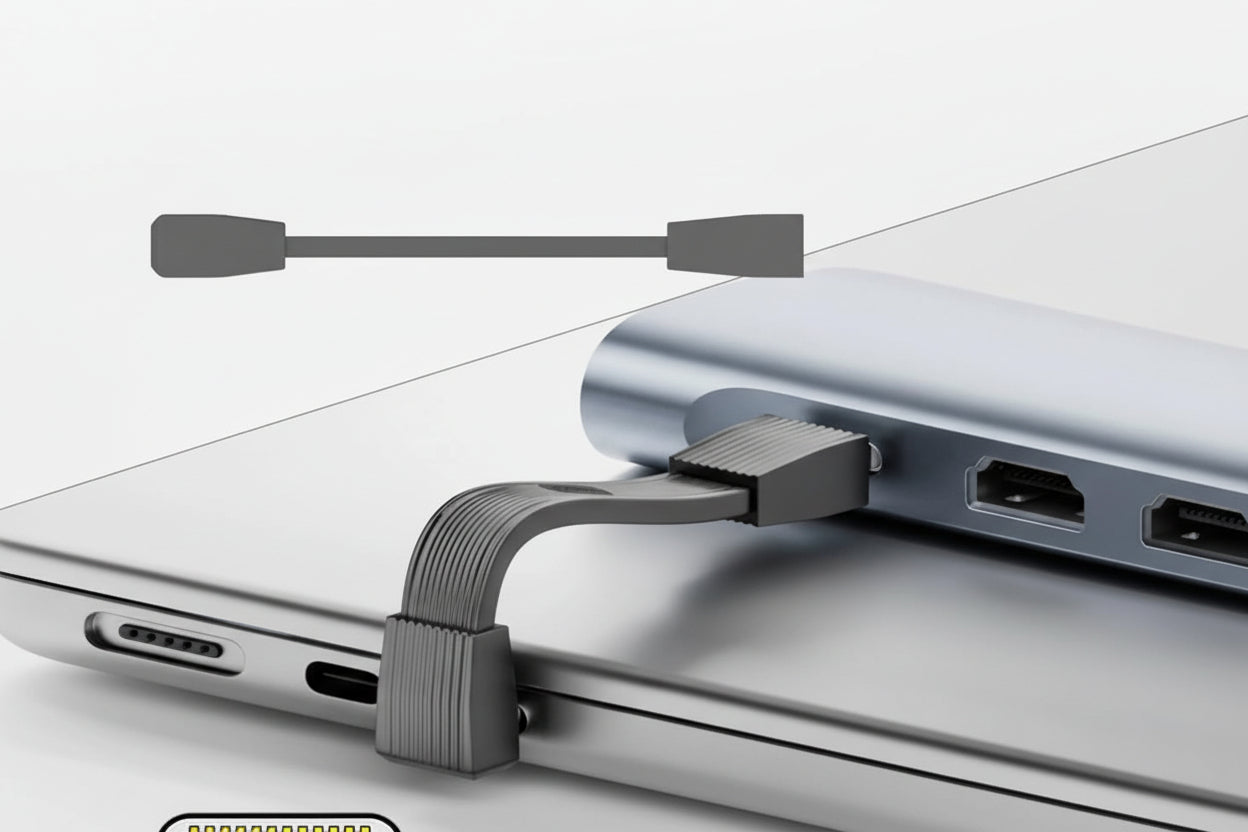 USB5.0 adapter connecting to a laptop with text about data transfer rate.