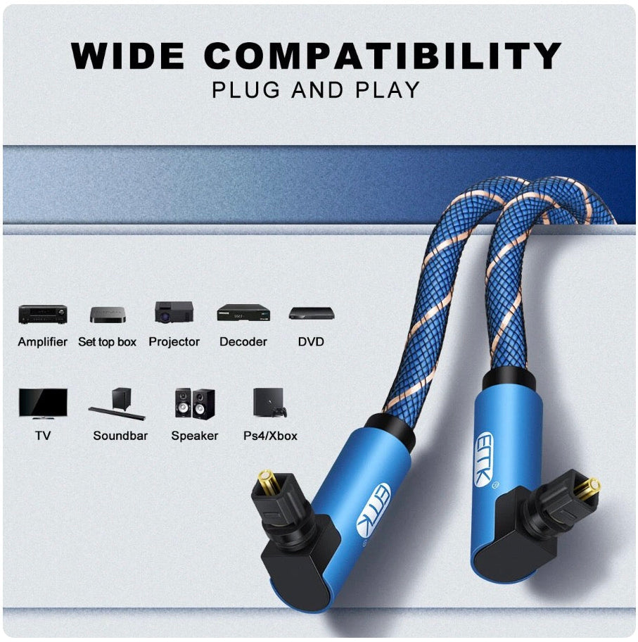Adjustable right angle TOSLINK optical cable for compact entertainment system installations