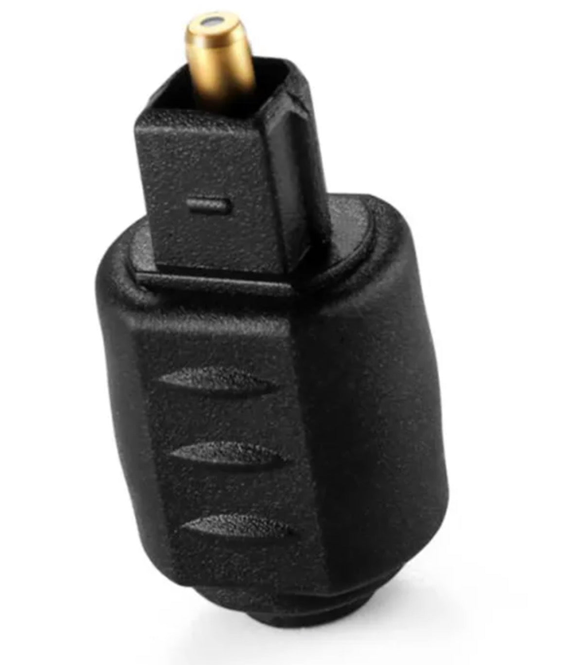 Standing view of optical audio adapter with gold plated TOSLINK connector