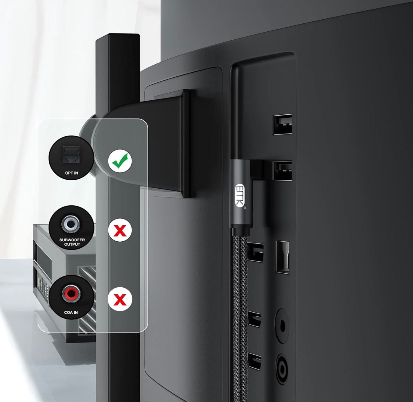 TOSLINK optical cable connected to a wall mounted television