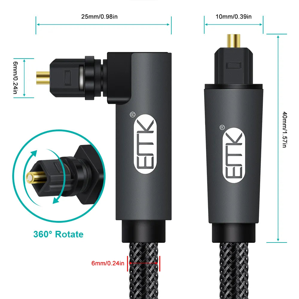 Close up of TOSLINK optical audio cable connectors with right angle design