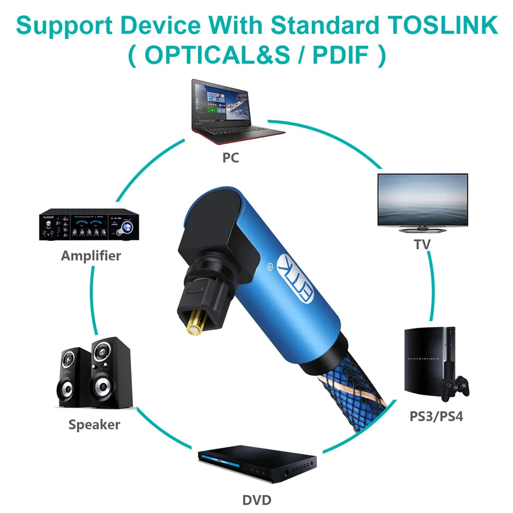 Premium braided TOSLINK optical audio cable with adjustable rotating right angle connector for high quality digital audio systems