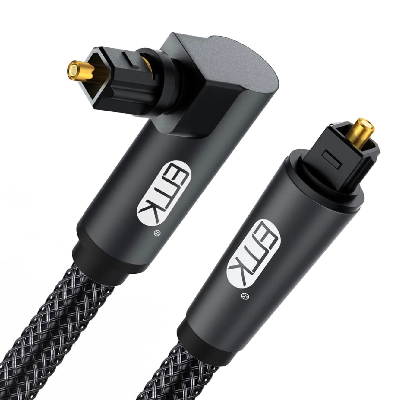 TOSLINK optical cable showing adjustable rotating right angle connector