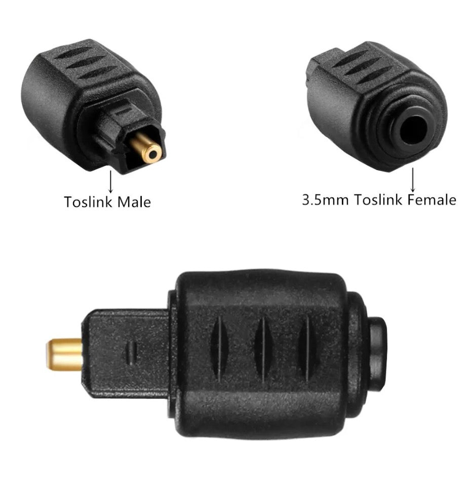 Comparison view showing TOSLINK male and Mini TOSLINK female optical adapter connections