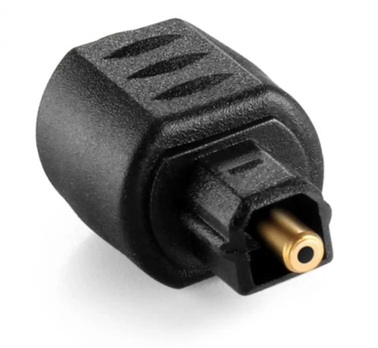 Angled view of TOSLINK male to Mini TOSLINK female adapter
