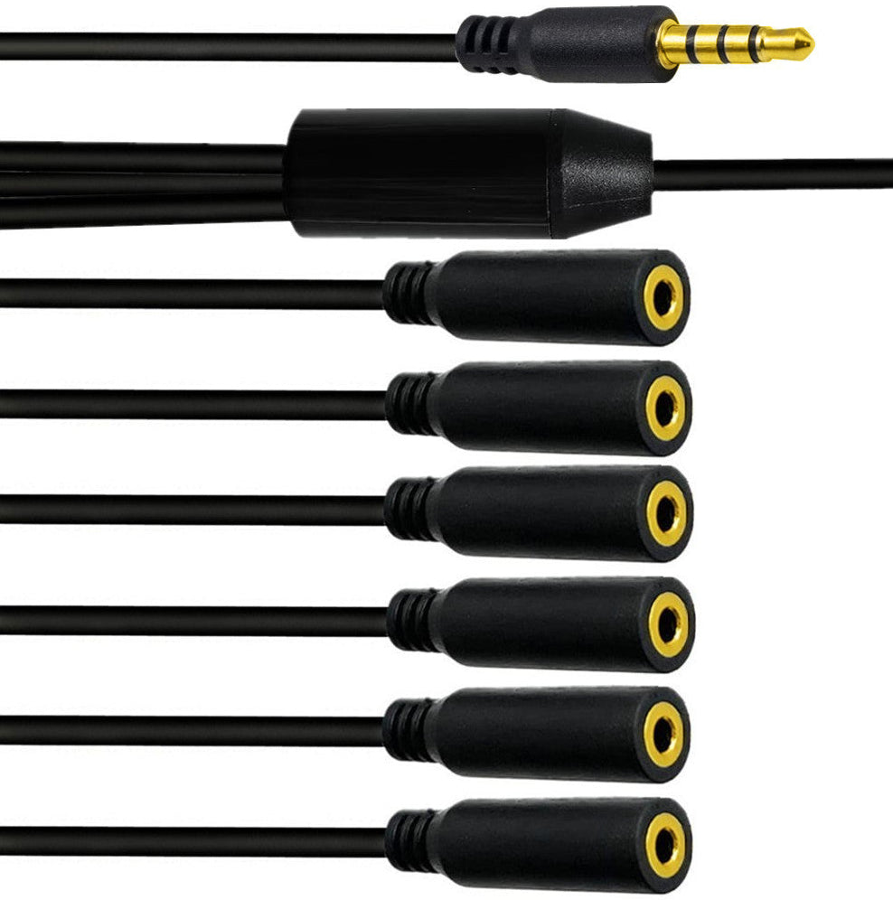 Close-up of the 3.5mm TRRS male connector and six female outputs