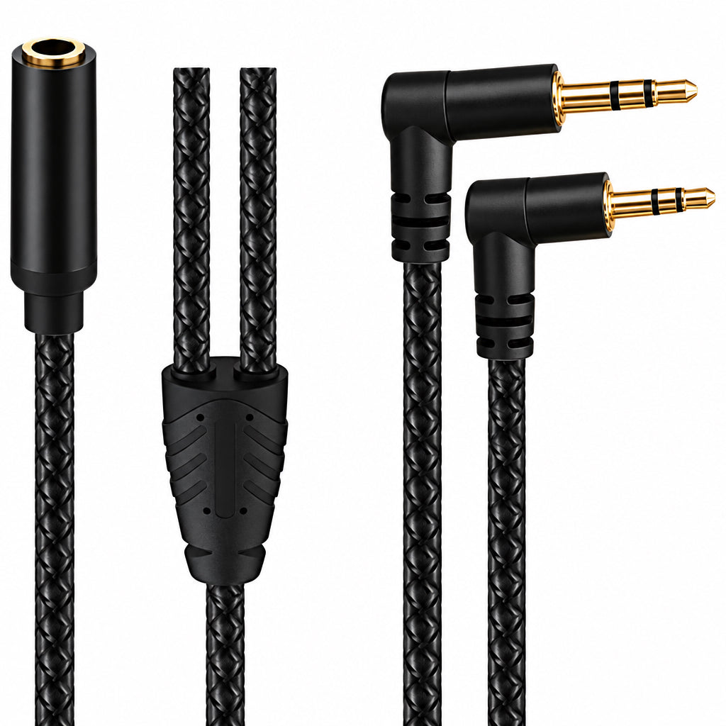 lose-up of a black braided TRS Y-cable showing one female socket and two right-angle male plugs
