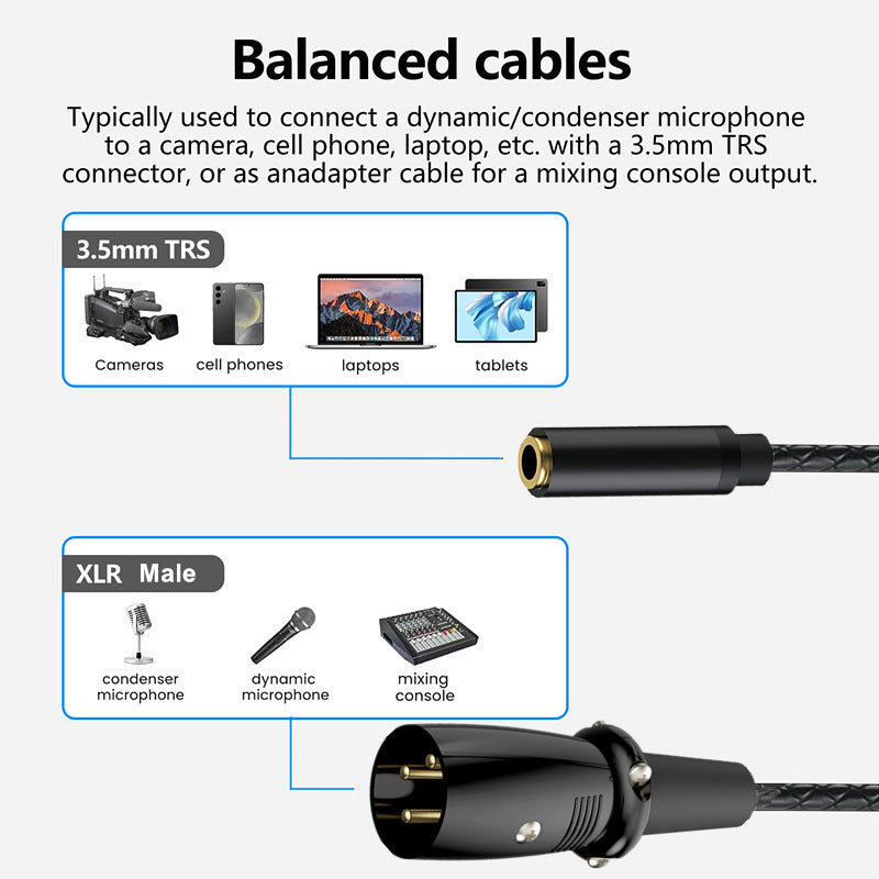 Balanced cables with 3.5mm TRS and XLR Male connectors, used for audio equipment connections.