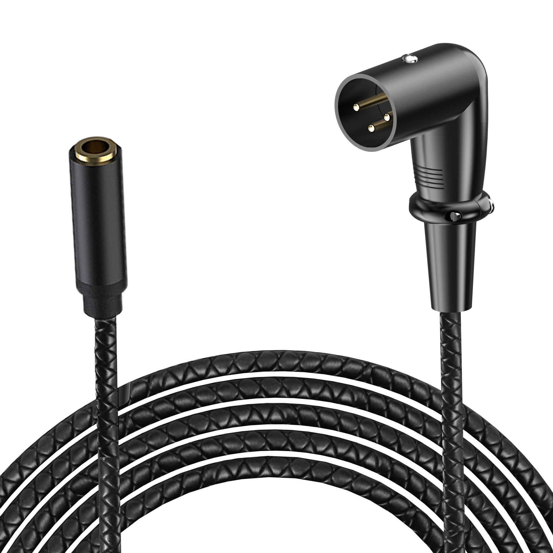 Black audio cable with angled connector on a white background