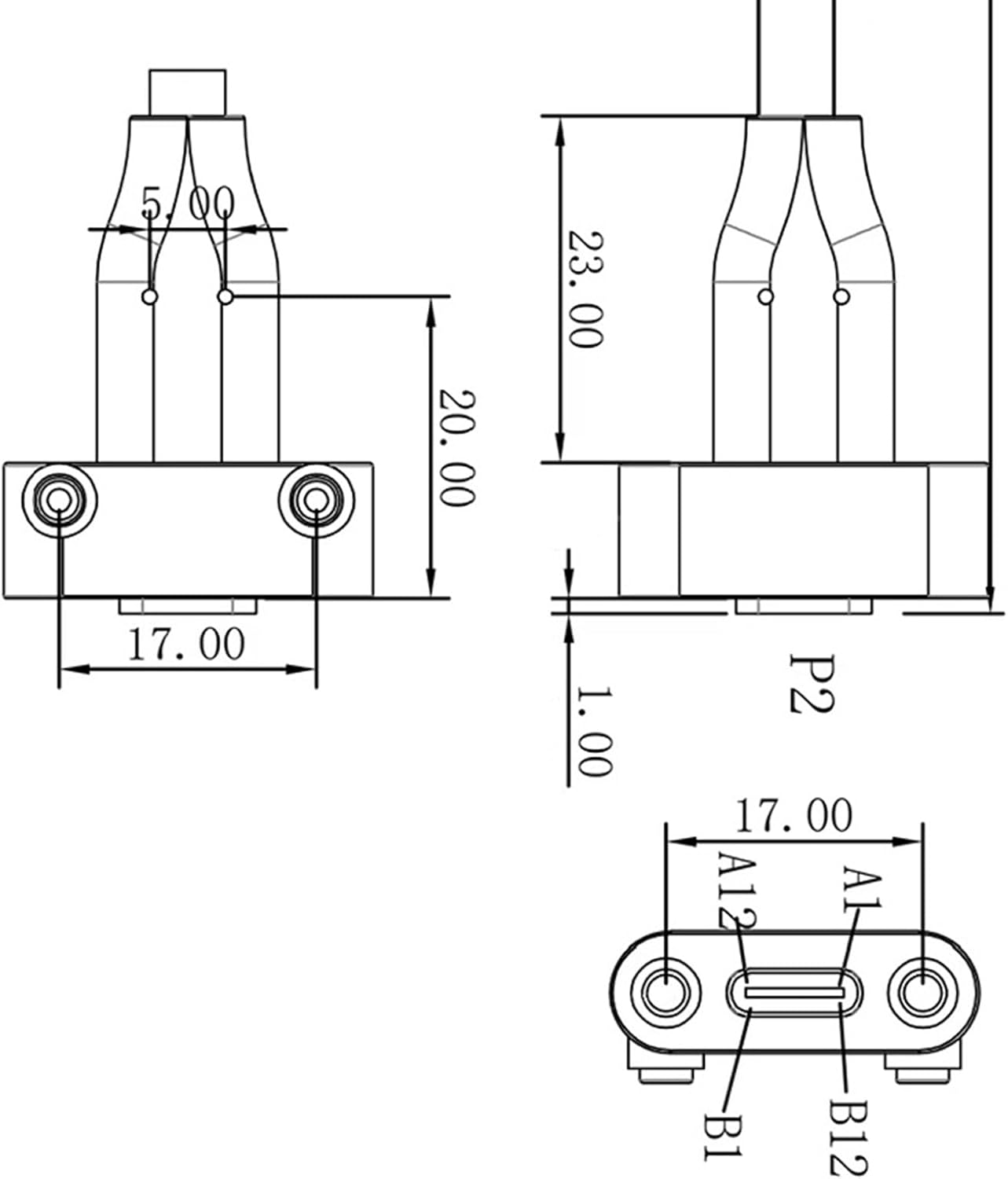 Technical drawing of a mechanical component with dimensions