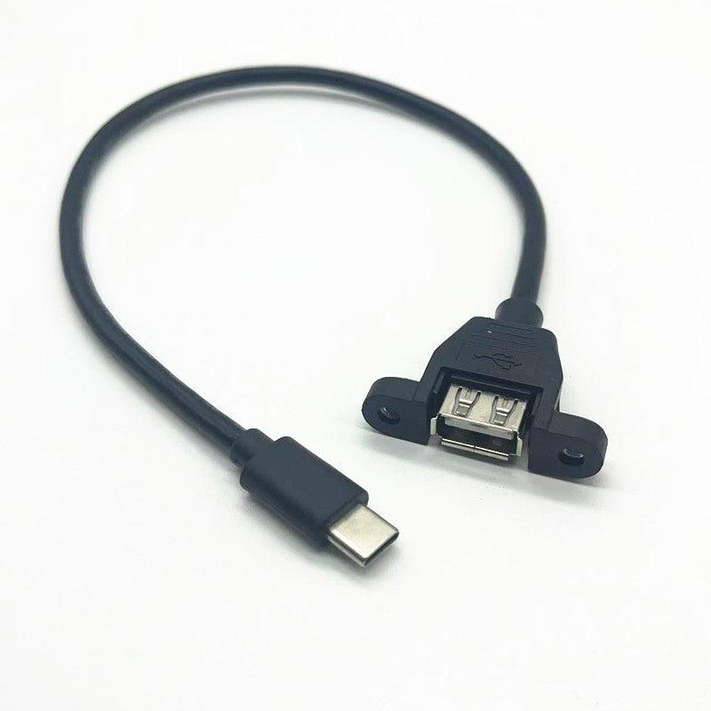 Black USB extension cable with a Y-splitter on a white background