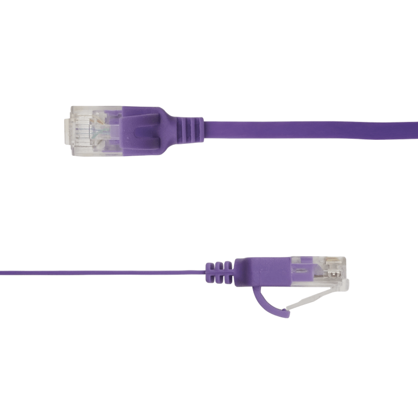 Purple Ethernet cable with clear connector on a white background