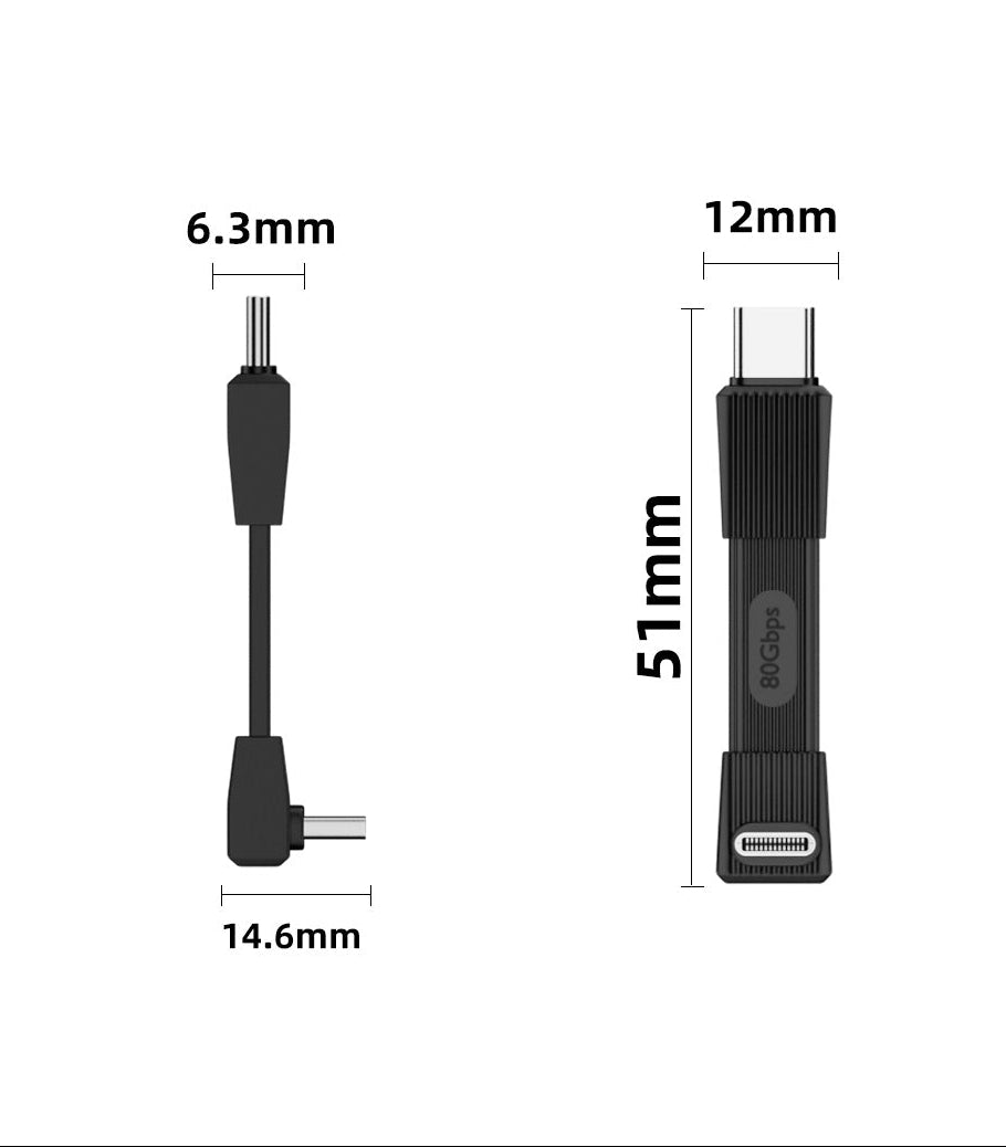 Black Type-C cable with specifications on a white background