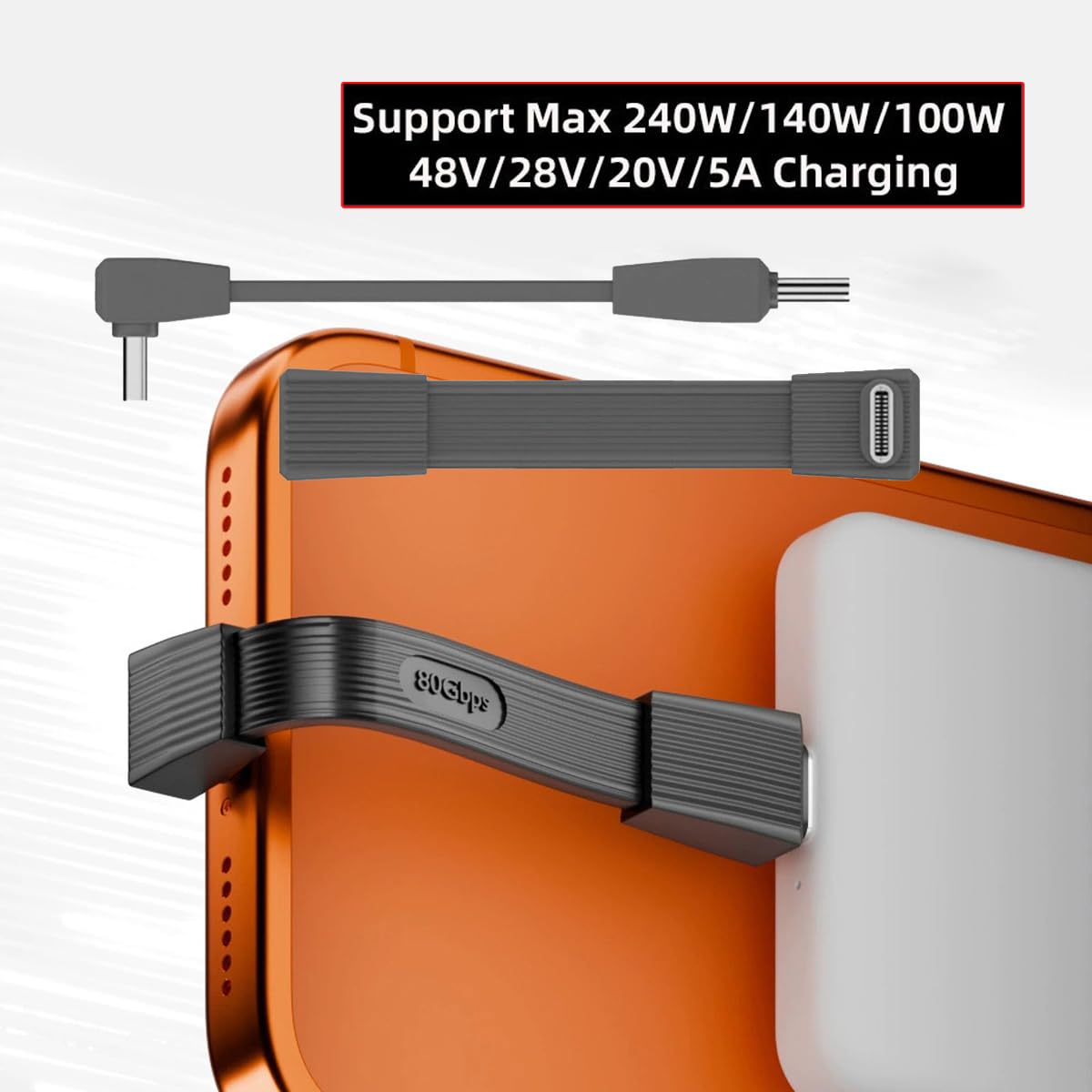 Orange device with black charging clip and cable on a white background, featuring charging specifications.