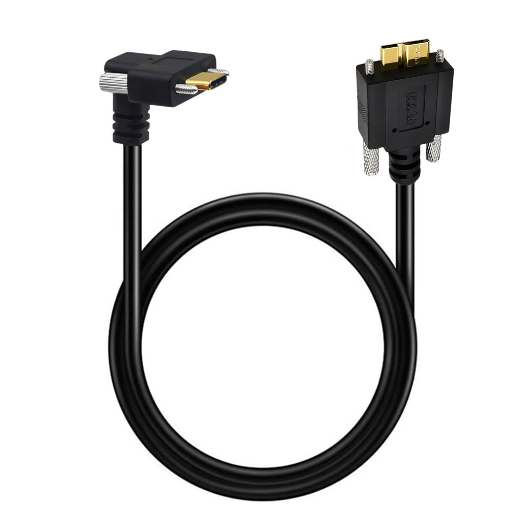 Up-angle USB-C male to straight Micro USB 3.0 Type-B male locking cable
