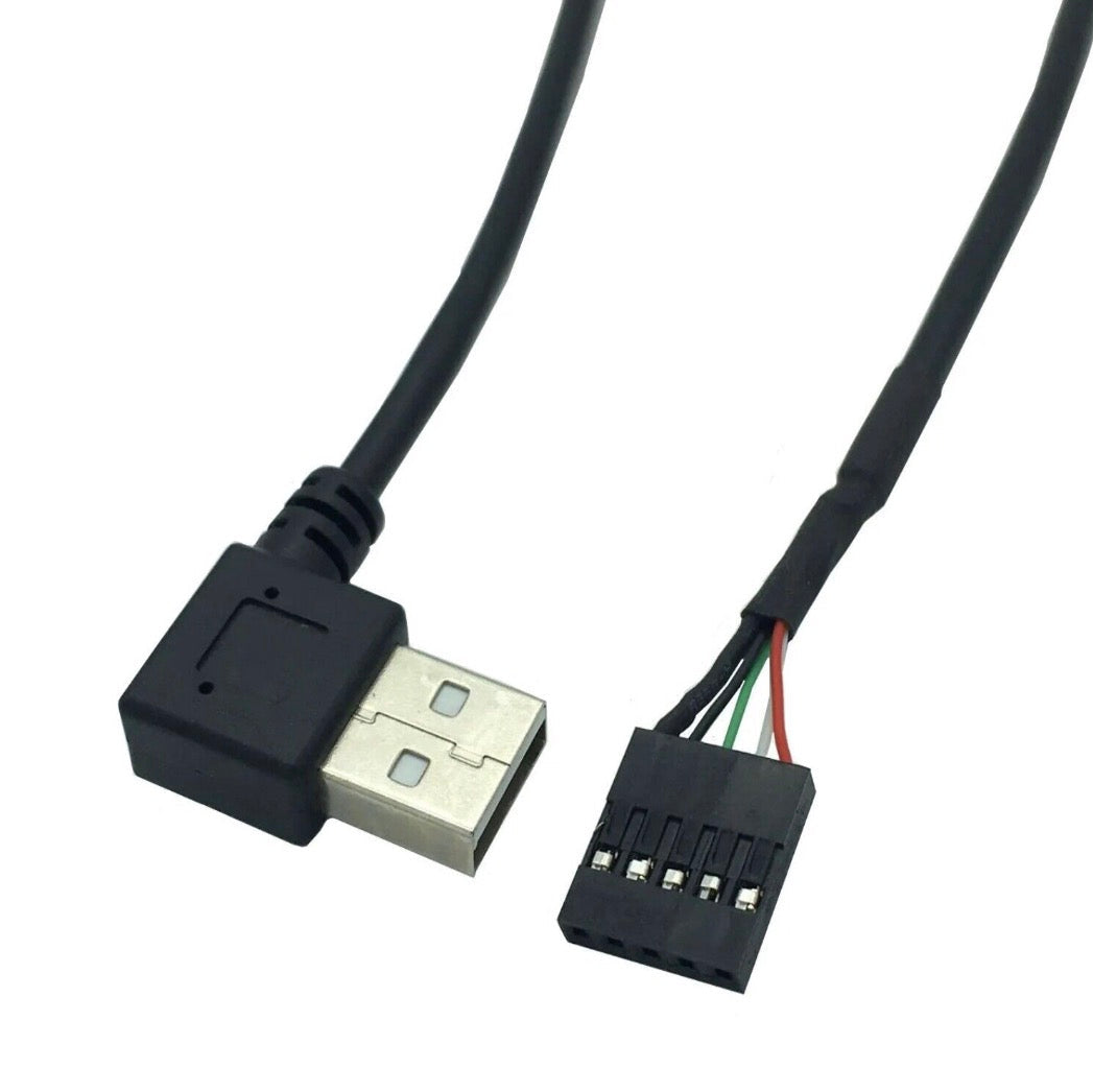 Right angle USB Type-A connector and 5 pin female 2.54mm header cable connection detail